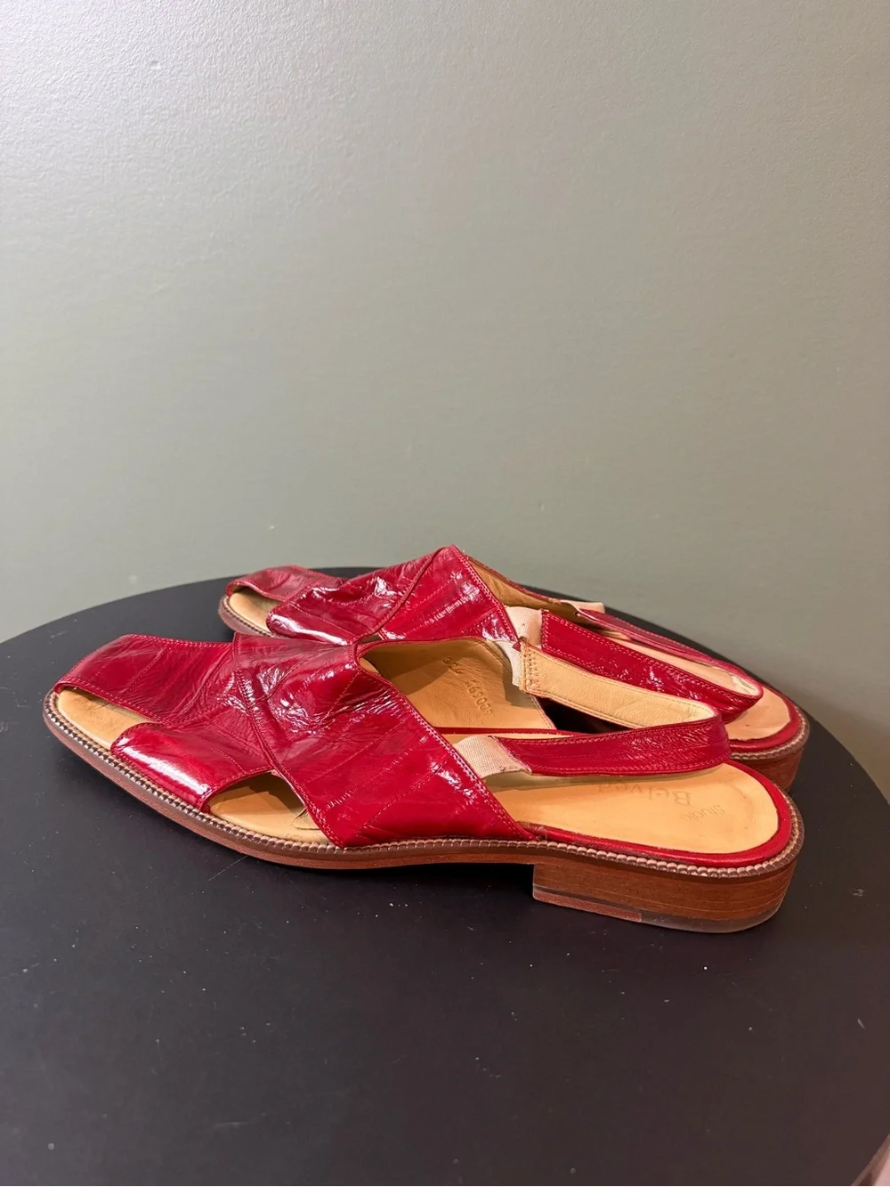 Red Leather Cross-Strap mens Slide Sandals